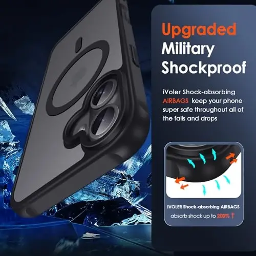 ivoler Magnetic Case for iPhone 17 6.3'' [Compatible with Magsafe] [15FT Military Grade Protection] Magnetic Charger Case Bumper for, Frosted Translucent Back for Cover iPhone 17- Black - 6