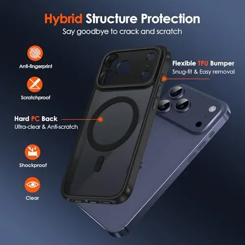 ivoler Magnetic Case for iPhone 17 Pro 6.3'' [Compatible with Magsafe] [15 FT Military Grade Protection] Magnetic Charger Case Bumper for, Frosted Translucent Back for 17 Pro Cover- Black - 3
