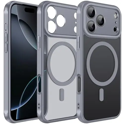 ivoler Magnetic Case for iPhone 17 Pro 6.3'' [Compatible with Magsafe] [15 FT Military Grade Protection] Magnetic Charger Case Bumper for, Frosted Translucent Back for iPhone17 Pro- Gray 
