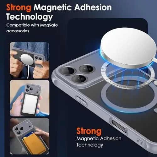 ivoler Magnetic Case for iPhone 17 Pro 6.3'' [Magsafe bilan mos] [15 FT Harbiy darajadagi himoya] Magnit zaryadlovchi g'ilof Bamper, iPhone17 Pro uchun muzli yarim shaffof orqa qismi - Kulrang - 3