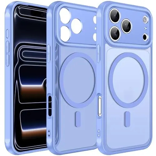 ivoler Magnetic Case for iPhone 17 Pro 6.3'' [Compatible with Magsafe] [15 FT Military Grade Protection] Magnetic Charger Case Bumper for, Frosted Translucent Back for 17 Pro Cover- Light Blue - 1