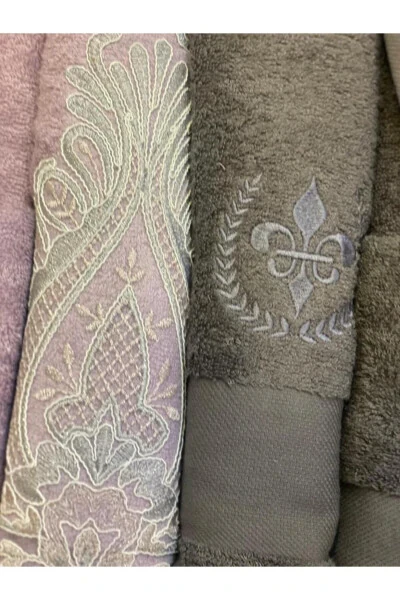 IVY BAMBU DANTELLİ NAKIŞLI AİLE BORNOZ SETİ LİLA/GRİ - ÇIRPAN EV (1)