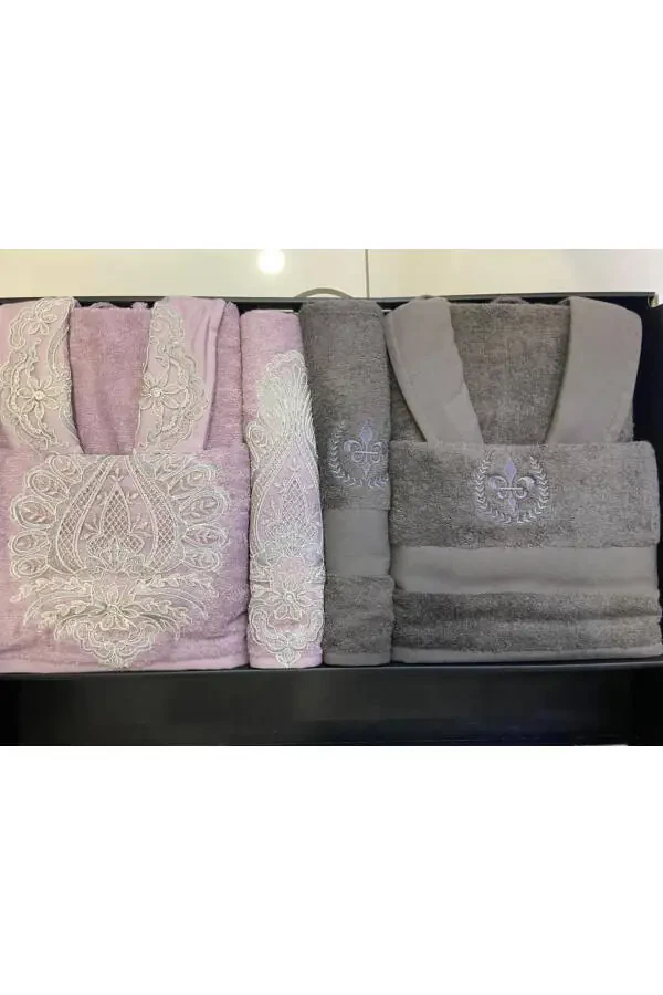 IVY BAMBU DANTELLİ NAKIŞLI AİLE BORNOZ SETİ LİLA/GRİ - 1