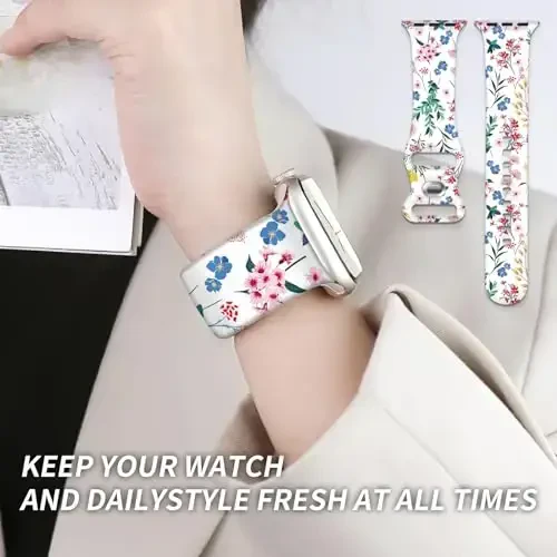 Sport Watch Band Compatible with iWatch Band 38mm 40mm 41mm Women, Soft Silicone Floral Print Sport Strap Replacement Wristbands for iWatch Series Ultra 9 8 7 6 5 4 3 2 1 SE 