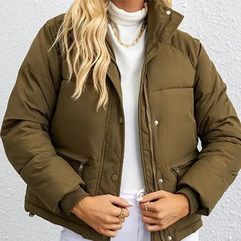 IWEMEK Womens Down Jacket Turtleneck Winter Coats for Women Casual Trendy Crop Padded Zip-Up Tops Khaki Warm Quilted Coat- - 2