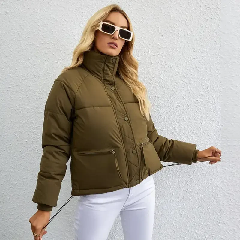 IWEMEK Womens Down Jacket Turtleneck Winter Coats for Women Casual Trendy Crop Padded Zip-Up Tops Khaki Warm Quilted Coat- - 3