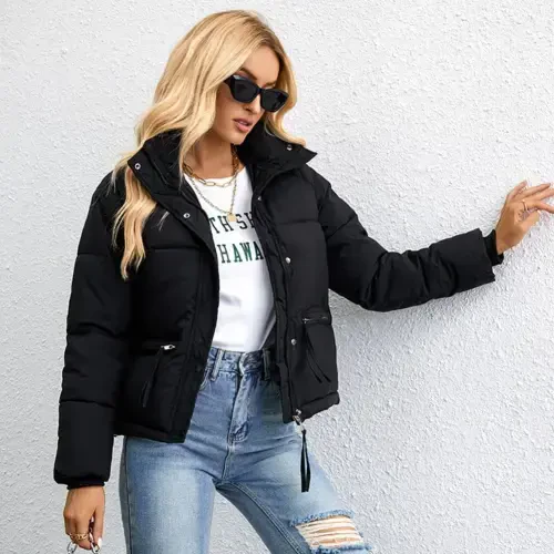 IWEMEK Women Coats Casual Winter Quilted Jackets for Womens Comfort Plain Black Jacket Highneck Leisure Fashion Clothing- - 3