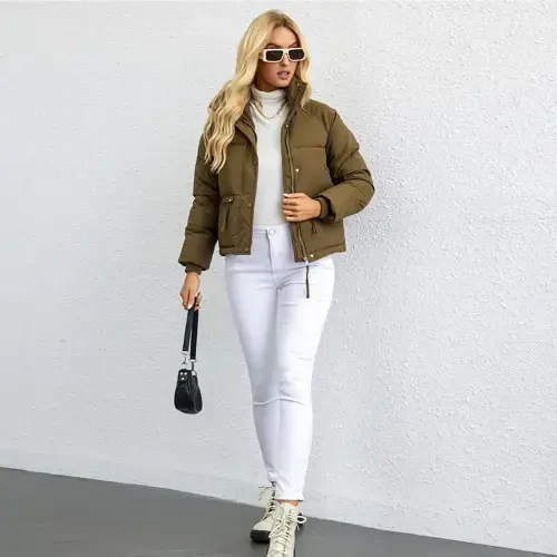 IWEMEK Womens Down Jacket Turtleneck Winter Coats for Women Casual Trendy Crop Padded Zip-Up Tops Khaki Warm Quilted Coat - 5
