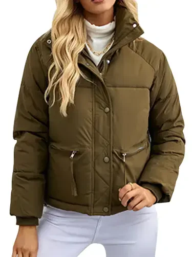 IWEMEK Womens Down Jacket Turtleneck Winter Coats for Women Casual Trendy Crop Padded Zip-Up Tops Khaki Warm Quilted Coat - 8