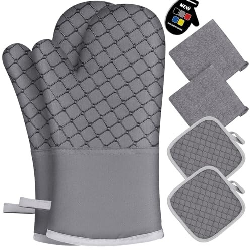 IXO 6Pcs Oven Mitts and Pot Holders, 500℉ Heat Resistant Oven Mitts with Kitchen Towels Soft Cotton Lining and Non-Slip Silicone Surface Safe for Baking, Cooking, BBQ (Grey) - 1