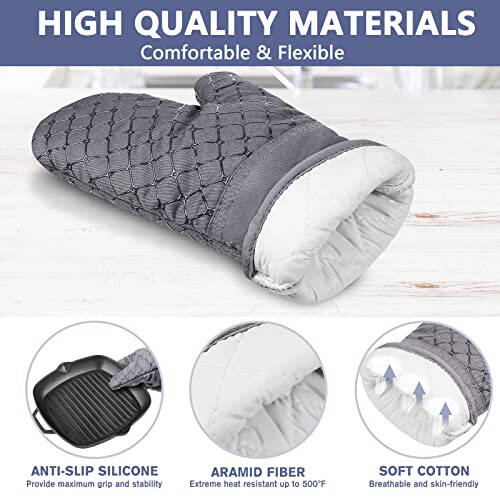 IXO 6Pcs Oven Mitts and Pot Holders, 500℉ Heat Resistant Oven Mitts with Kitchen Towels Soft Cotton Lining and Non-Slip Silicone Surface Safe for Baking, Cooking, BBQ (Grey) - 3