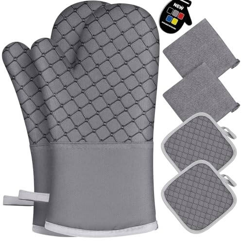 IXO 6Pcs Oven Mitts and Pot Holders, 500℉ Heat Resistant Oven Mitts with Kitchen Towels Soft Cotton Lining and Non-Slip Silicone Surface Safe for Baking, Cooking, BBQ (Grey) - 1