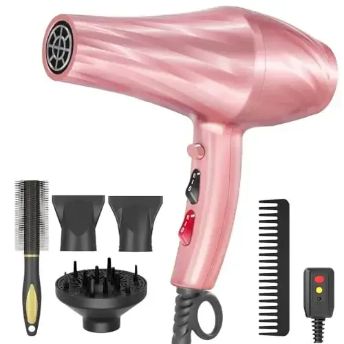 Ionic Hair Dryer,2400W Negative Ion Low Noise Hair Dryer Professional Fast Drying Hair Dryers with 2 Speeds, 3 Heat Settings, Cooling Button,with Diffuser for Curly and Straight Hair（Sakura Pink） - 1