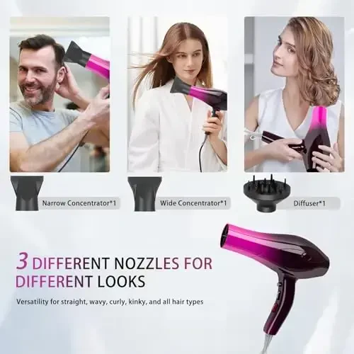 Ionic Hair Dryer,2400W Negative Ion Low Noise Hair Dryer Professional Fast Drying Hair Dryers with 2 Speeds, 3 Heat Settings, Cooling Button,with Diffuser for Curly and Straight Hair（Crimson Fade） - 6