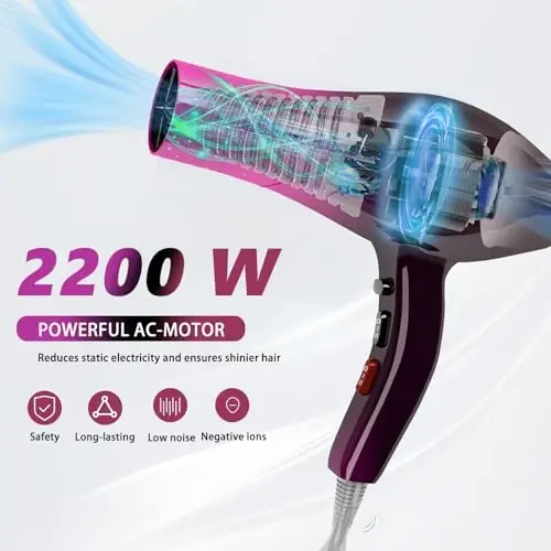 Ionic Hair Dryer,2400W Negative Ion Low Noise Hair Dryer Professional Fast Drying Hair Dryers with 2 Speeds, 3 Heat Settings, Cooling Button,with Diffuser for Curly and Straight Hair（Crimson Fade） - 2