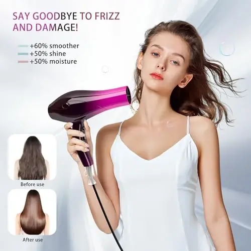 Ionic Hair Dryer,2400W Negative Ion Low Noise Hair Dryer Professional Fast Drying Hair Dryers with 2 Speeds, 3 Heat Settings, Cooling Button,with Diffuser for Curly and Straight Hair（Crimson Fade） - 3