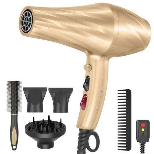 Ionic Hair Dryer,2400W Negative Ion Low Noise Hair Dryer Professional Fast Drying Hair Dryers with 2 Speeds, 3 Heat Settings, Cooling Button,with Diffuser for Curly and Straight Hair（Champagne Gold） - 1