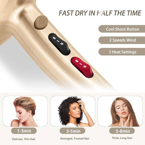Ionic Hair Dryer,2400W Negative Ion Low Noise Hair Dryer Professional Fast Drying Hair Dryers with 2 Speeds, 3 Heat Settings, Cooling Button,with Diffuser for Curly and Straight Hair（Champagne Gold） - 4