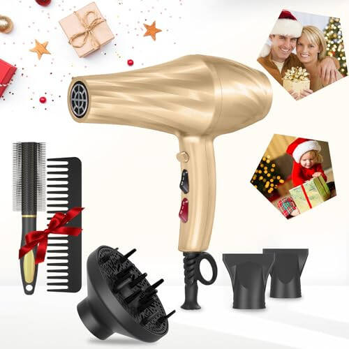 Ionic Hair Dryer,2400W Negative Ion Low Noise Hair Dryer Professional Fast Drying Hair Dryers with 2 Speeds, 3 Heat Settings, Cooling Button,with Diffuser for Curly and Straight Hair（Champagne Gold） - 7