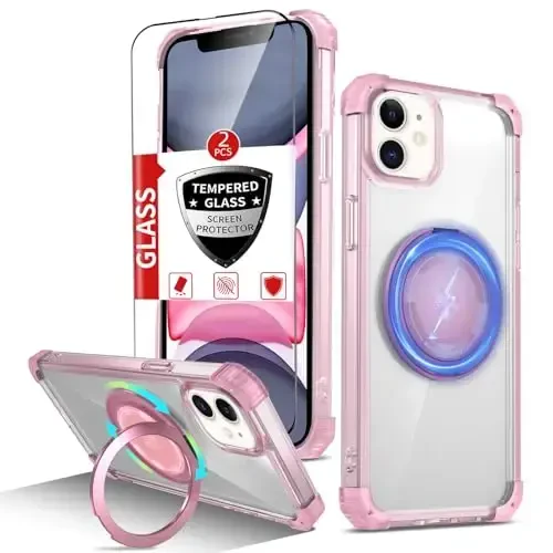 IYTRRYH for iPhone 11 Case Magnetic Compatible with MagSafe Wireless Charging,with 2 Screen Protectors,for 11 Case Built-in 360°Kickstand Ring,Military Grade Drop Heavy Duty Protection Shockproof Pink 