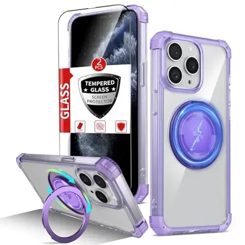 IYTRRYH for iPhone 11 Pro Max Case Magnetic Compatible with MagSafe Wireless Charging,with 2 Screen Protectors,Built-in Kickstand Ring,Military Grade Drop Heavy Duty Protection Shockproof Phone Purple - 12