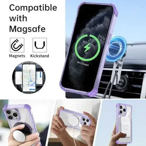 IYTRRYH for iPhone 11 Pro Max Case Magnetic Compatible with MagSafe Wireless Charging,with 2 Screen Protectors,Built-in Kickstand Ring,Military Grade Drop Heavy Duty Protection Shockproof Phone Purple - 11