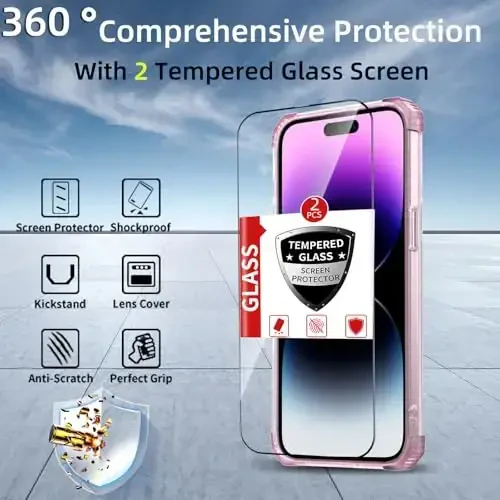 IYTRRYH for iPhone 14 Pro Max Case Magnetic Compatible with MagSafe Wireless Charging,with 2 Screen Protectors,Built-in Kickstand Ring,Military Grade Drop Heavy Duty Protection Shockproof Phone Pink - 7