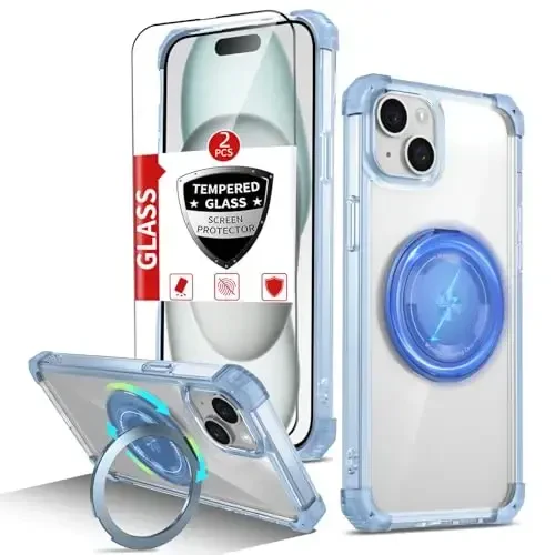 IYTRRYH for iPhone 15 Case Magnetic Compatible with MagSafe Wireless Charging,with 2 Screen Protectors,for iPhone 15 Phone Case Built-in 360° Kickstand Ring,Military Grade Protection Shockproof Blue 