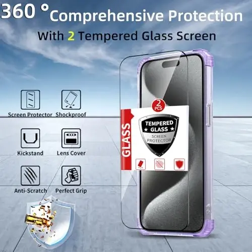 IYTRRYH for iPhone 15 Pro Case Magnetic Compatible with MagSafe Wireless Charging,with 2 Screen Protectors,for iPhone 15 Pro Phone Case with Kickstand Ring,Military Grade Protection Shockproof Purple - 3