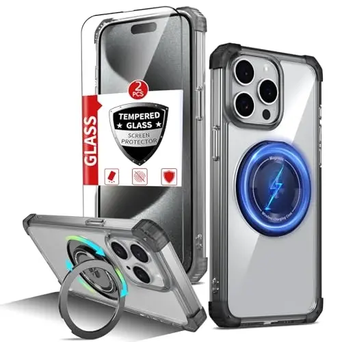 IYTRRYH for iPhone 15 Pro Max Case Magnetic Compatible with MagSafe,with 2 Screen Protector,Built-in Camera Cover+Kickstand Ring,Military Grade Drop Shockproof Heavy Duty Protection Phone Bumper Black - 1