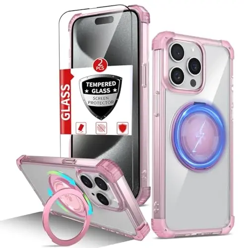 IYTRRYH for iPhone 15 Pro Max Case Magnetic Compatible with MagSafe,with 2 Screen Protector,Built-in Camera Cover+Kickstand Ring,Military Grade Drop Shockproof Heavy Duty Protection Phone Bumper Pink - 1
