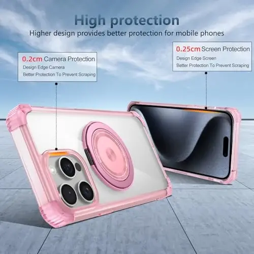 IYTRRYH for iPhone 15 Pro Max Case Magnetic Compatible with MagSafe,with 2 Screen Protector,Built-in Camera Cover+Kickstand Ring,Military Grade Drop Shockproof Heavy Duty Protection Phone Bumper Pink - 5