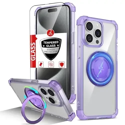 IYTRRYH for iPhone 15 Pro Max Case Magnetic Compatible with MagSafe,with 2Screen Protector,Built-in Camera Cover+Kickstand Ring,Military Grade Drop Shockproof Heavy Duty Protection Phone Bumper Purple 