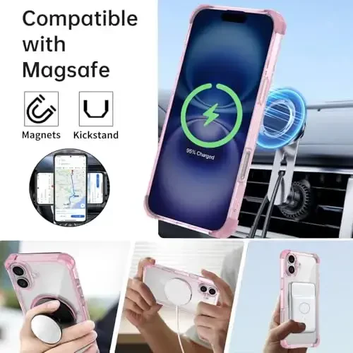 IYTRRYH for iPhone 16 Case Magnetic Compatible with MagSafe Wireless Charging,with 2 Screen Protectors,for 16 Case Built-in 360°Kickstand Ring,Military Grade Drop Heavy Duty Protection Shockproof Pink - 2