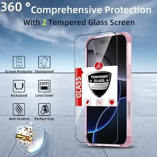 IYTRRYH for iPhone 16 Pro Case Magnetic Compatible with MagSafe Wireless Charging,with 2 Screen Protector,Built-in Kickstand,for 16 Pro Phone Case Military Grade Heavy Duty Protection Shockproof Pink - 4