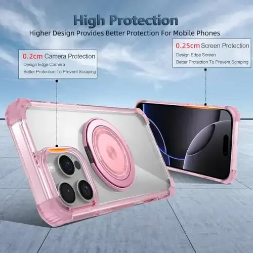 IYTRRYH for iPhone 16 Pro Max Case Magnetic Compatible with MagSafe Wireless Charging,with 2 Screen Protectors,for 16 Pro Max Case with Kickstand Ring,Military Grade Drop Protection Shockproof Pink - 5