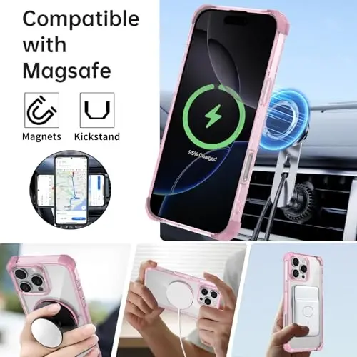 IYTRRYH for iPhone 16 Pro Max Case Magnetic Compatible with MagSafe Wireless Charging,with 2 Screen Protectors,for 16 Pro Max Case with Kickstand Ring,Military Grade Drop Protection Shockproof Pink - 2