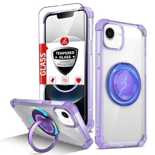 IYTRRYH for iPhone 16E Case Magnetic Compatible with MagSafe Wireless Charging,with 2 Screen Protector,Built-in 360°Kickstand Ring Military Grade Drop Heavy Duty Protection Shockproof Case Purple 