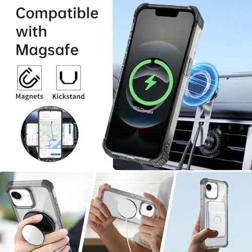 IYTRRYH for iPhone 16E Case Magnetic Compatible with MagSafe Wireless Charging,with 2 Screen Protector,Built-in 360°Kickstand Ring Military Grade Drop Heavy Duty Protection Shockproof Phone Case Black - 2