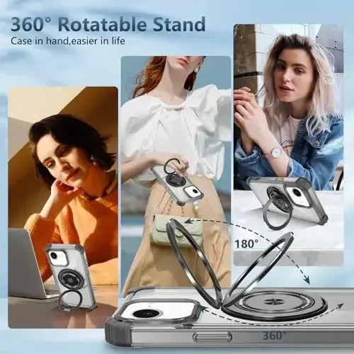 IYTRRYH for iPhone 16E Case Magnetic Compatible with MagSafe Wireless Charging,with 2 Screen Protector,Built-in 360°Kickstand Ring Military Grade Drop Heavy Duty Protection Shockproof Phone Case Black - 5