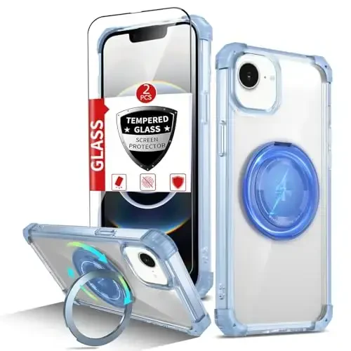 IYTRRYH for iPhone 16E Case Magnetic Compatible with MagSafe Wireless Charging,with 2 Screen Protector,Built-in 360°Kickstand Ring Military Grade Drop Heavy Duty Protection Shockproof Phone Case Blue - 1