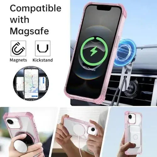 IYTRRYH for iPhone 16E Case Magnetic Compatible with MagSafe Wireless Charging,with 2 Screen Protector,Built-in 360°Kickstand Ring Military Grade Drop Heavy Duty Protection Shockproof Phone Case Pink - IYTRRYH (1)