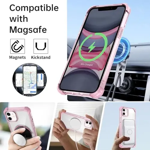 IYTRRYH for iPhone 11 Case Magnetic Compatible with MagSafe Wireless Charging,with 2 Screen Protectors,for 11 Case Built-in 360°Kickstand Ring,Military Grade Drop Heavy Duty Protection Shockproof Pink - 2
