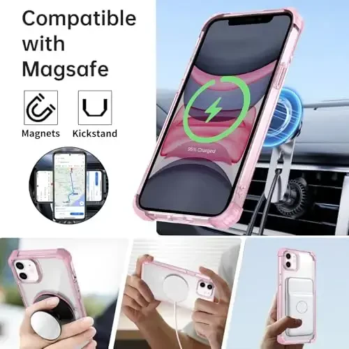 IYTRRYH for iPhone 11 Case Magnetic Compatible with MagSafe Wireless Charging,with 2 Screen Protectors,for 11 Case Built-in 360°Kickstand Ring,Military Grade Drop Heavy Duty Protection Shockproof Pink - 2