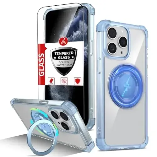 IYTRRYH iPhone 11 Pro Max uchun g'ilof Magnit MagSafe simsiz zaryadlash bilan mos, 2 ta ekran himoyachisi, o'rnatilgan tirgak halqasi, harbiy darajadagi og'ir yuk tashish zarbadan himoya telefon ko'k 