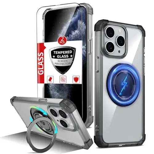 IYTRRYH iPhone 11 Pro Max uchun g'ilof Magnit MagSafe simsiz zaryadlash bilan mos keladi, 2 ekran himoyachisi, o'rnatilgan tirgak halqasi, harbiy darajadagi og'ir yukdan himoya zarbga chidamli telefon qora - 1
