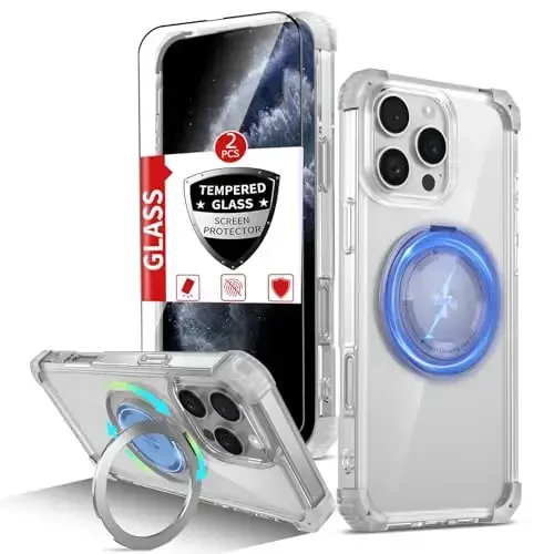 IYTRRYH iPhone 11 Pro Max uchun g‘ilof Magnit MagSafe simsiz zaryadlash bilan mos keladi, 2 ta ekran himoyachisi bilan, 11 Pro Max uchun g‘ilof o‘rnatilgan halqali tirgak, harbiy standartga mos tushishdan himoya zarbga chidamli tiniq - 1