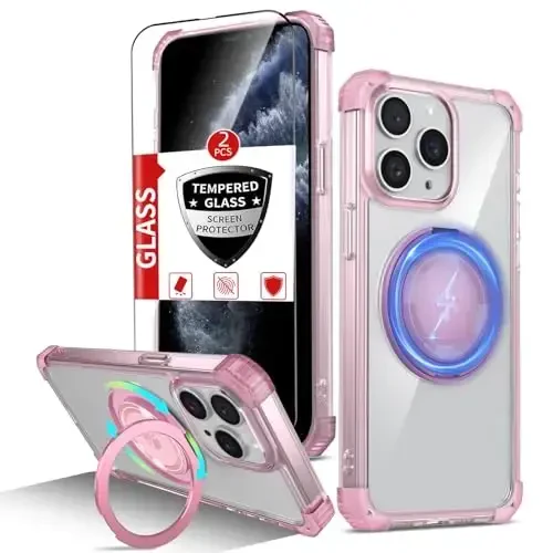 IYTRRYH iPhone 11 Pro Max uchun g'ilof Magnit MagSafe simsiz zaryadlash bilan mos keladi, 2 ta ekran himoyachisi, o'rnatilgan tayanch halqasi, harbiy standartga mos, og'ir himoya zarbga chidamli telefon pushti - IYTRRYH