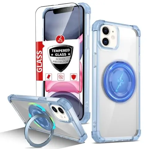 IYTRRYH iPhone 11 uchun g'ilof Magnit MagSafe simsiz zaryadlash bilan mos keladi, 2 ta ekran himoyachisi bilan, 11 g'ilof O'rnatilgan 360° tayanch halqasi, Harbiy darajadagi og'ir yukdan himoya Zilzilaga chidamli Moviy 