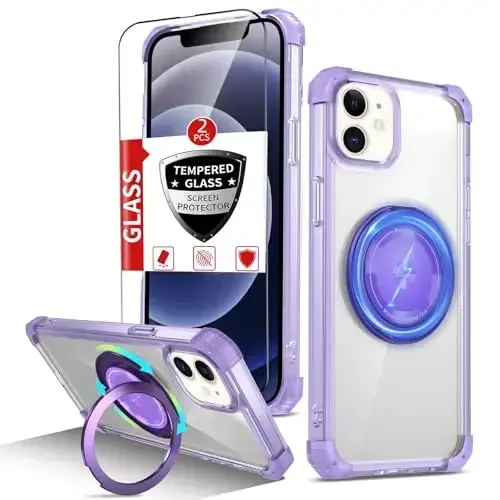 IYTRRYH Magnetic for iPhone 12 Pro Case & for iPhone 12 Case Compatible with MagSafe Wireless Charging,with 2 Screen Protector, Built-in Kickstand Ring,Military Grade Drop Protection Shockproof Purple - 1